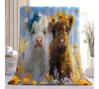 Couverture Flanelle Raffiné Douce et Moelleuse 130 x 150 cm | Jeté de Canapé Pastoral Vache Highland Fleurs Papillon, Couverture Chaude d'Hiver en Microfibre pour Adulte et Enfant