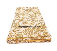 Couverture indienne en coton Kantha faite à la main - Couvre-lit indien en coton fait à la main - Édredon ethnique réversible - Jaune - 228 x 274 cm