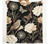 Couverture Microfibre de imprimée Botanique rétro Décoration, 130 x 150 cm | Plaid Oiseau papillons en Doux Polaire Douce, Noir or Chaude et Confortable - pour Camping Cadeaux Enfants Adulte
