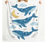 Couverture Microfibre de imprimée Cartoon céleste Décoration, 180 x 220 cm | Plaid Baleines lune étoiles en Doux Polaire Douce, Bleu marine Chaude et Confortable - pour Camping Cadeaux Enfants Adulte