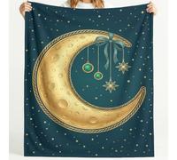 Couverture Microfibre de imprimée Céleste rétro Décoration, 130 x 150 cm | Plaid Croissant lune étoiles en Doux Polaire Douce,Bleu pétrole or Chaude et Confortable pour Camping Cadeaux Enfants Adulte