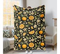 Couverture orange, fleur botanique d'automne et feuille d'automne noire en peluche légère et compacte pour canapé, lit, dortoir, chaise, voiture, fauteuil inclinable, 101,6 x 127 cm