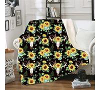 Couverture peluche carrée,Tournesol Fleur Plume klaxon Bande Imprimé Peau de Serpent Gris Canapé-lit Jeter Portable de Voyage de Bureau Cercle Coloré Throw Blanket (Corne, 130x150 cm)