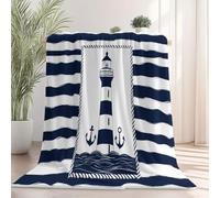 Couverture Polaire Sherpa Bleu Marine 130 x 150 cm Rayures Minimalistes Phare Imprimé, légère Légères Couverture de Lit Douce et Chaude Jeté de Canapé Flanelle, Parfait pour Enfant et Adult