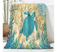 Couverture Sherpa Style Nautique Vintage pour Enfants et Adultes, Douce Couverture Animaux Tortue De Mer Herbiers Marins Carte - Flanelle Plaid pour Canapé Lit et Décoration de Salon, 130x150 cm