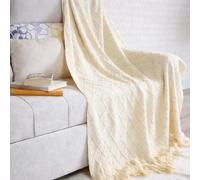 Couverture Tricotée Franges, Jetés De Lit Couleur Unique, Blanket Sofa Fauteuil, Plaids Nordique Chaud, Jeté Tapis à La Mode Doux, Couverture Jeté De Canapé Couvre-Lit Décorative 130x180cm (Beige)