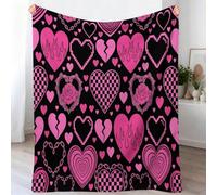 Couverture Vintage Américain pour Enfants et Adultes, 150 x 200 cm Couverture Imprimé Floral Rose Cœurs, Douce Plaid Hypoallergénique Douillette pour Canapé Lit et Décoration de Salon, Noir