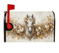 Couvertures magnétiques pour boîte aux lettres sur le thème de la récolte | Portrait de cheval blanc, couvercle de boîte aux lettres, récolte de citrouilles, feuilles de chêne d'automne