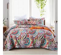 Couvre-lit 220x240 cm motif paisley coloré, boutis coton doux avec 2 taies d’oreiller 50x70 cm Label
