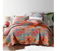 Couvre-lit 240x260 cm patchwork bohème coton + 2 taies, courtepointe mixte orange grande taille Label