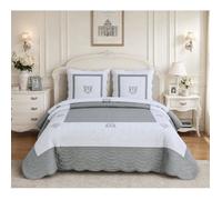 Couvre-lit Boutis 260x260 cm 100% Coton avec 2 Taies 65x65 cm Finition Brodée - Style Élégant - PEACELAND Gris