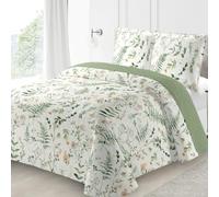 Couvre Lit Boutis Fleuri Printanier Vert et Blanc 220x240 cm + 2 Taies Assorties pour Lit Double 140x190 cm