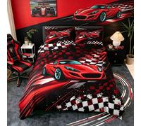 Couvre-lit ensemble - Motifs géométriques de voitures de course - Taille double - Rouge