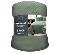 Couvre-lit matelassé 220x240 cm MYLENE - Velours relief & sherpa + 2 taies - Vert cèdre
