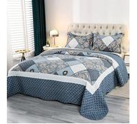 Couvre-lit matelassé patchwork 240x260 cm en microfibre 100%, parure bleu avec 2 taies JETEE DE LIT