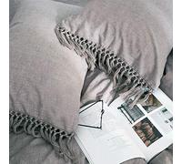 Couvre-oreillers gris avec pompons style bohème en coton pur King Size 51x92 cm 2 pièces unies