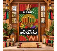 Couvre-porte avec citation « Happy African Kinara » 91,4 x 182,9 cm | Kinara Bannière de porte d'entrée avec symboles de récolte, patrimoine culturel, décoration de porche avant, rouge