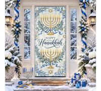 Couvre-porte avec citation Happy Hanukkah Menorah 91,4 x 182,9 cm | Accents d'étoiles dorées, toile de fond de porte d'entrée, fond vichy bleu, typographie d'écriture élégante