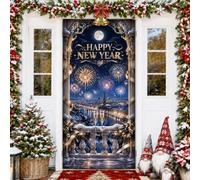 Couvre-porte avec citation « Happy New Year » - 91,4 x 182,9 cm | Paysage urbain minuit, panneau de porte d'entrée, verres à champagne, vœux festifs, thème de célébration, vacances d'hiver