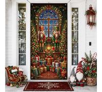 Couvre-porte de Noël traditionnel Casse-noisette 91,4 x 182,9 cm | Figurines casse-noisette, bannière de porche, scène de fenêtre enneigée, boîtes cadeaux emballées, thème des vacances