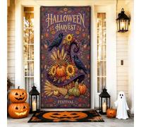 Couvre-porte Halloween Harvest Witch Hat | Illustration de chapeau de sorcière, bannière de porche, thème récolte d'automne, corbeaux noirs et tournesols