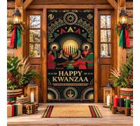 Couvre-porte Kinara avec citation Happy African Celebration - 91,4 x 182,9 | Motifs d'inspiration africaine, toile de fond de porte d'entrée, thème de l'unité, décoration du patrimoine culturel