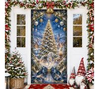 Couvre-porte motif sapin de Noël enneigé cheval blanc 91,4 x 182,9 cm | Sapin de Noël, bannière de porte d'entrée, cheval blanc, village enneigé, nœud bleu, peinture vintage