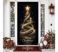 Couvre-porte motif sapin de Noël tourbillon doré 91,4 x 182,9 cm | Tourbillon à paillettes dorées, bannière de porche, lettrage calligraphie élégant, effet nocturne sophistiqué
