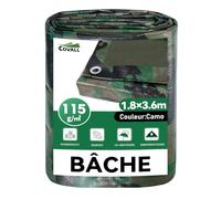 COVALL Bâche de Protection Extérieur Camouflage 1,8x3,6m - 115g/m², Imperméable, avec Œillets, Anti-UV, pour Jardin, Camping, Bois, Chasse & Décoration Militaire