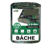 COVALL Bâche de Protection Extérieur Camouflage 5,5x8m - 115g/m², Imperméable, avec Œillets, Anti-UV, pour Jardin, Camping, Bois, Chasse & Décoration Militaire