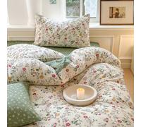 Covebett Parure de lit en coton 155x220 Multicolore Motif fleurs vertes petites fleurs imprimé motif botanique prairie fleurie motif floral Housse de couette avec fermeture éclair et taie d'oreiller