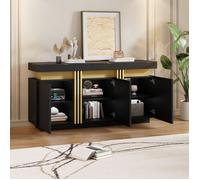 COVREO Buffet bas 140 x 38 x 70 cm 3 portes avec 6 compartiments réglables, noir et doré aspect marbre