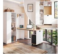 COVREO Bureau pliable 2-en-1 avec bibliothèque, prise EU et USB, étagères réglables, blanc, angle gauche