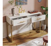 COVREO Coiffeuse blanche 100 x 45 x 75 cm avec 2 tiroirs, pieds en métal doré