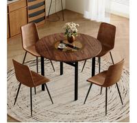 COVREO ensemble table à manger ronde 100 cm avec 4 chaises, insert en verre, étagère, aspect bois brun