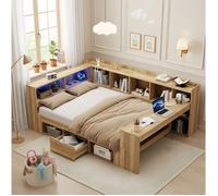 COVREO Lit combiné enfant 140x200 cm avec bureau intégré, rangements, LED, USB et Type-C, naturel