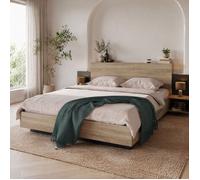 COVREO Lit double 160x200 cm avec 2 chevets intégrés, sommier à lattes, bois massif chêne Sonoma et gris foncé