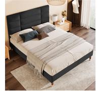 COVREO lit double rembourré 140 x 200 cm avec sommier à lattes, tête de lit, tissu aspect lin noir
