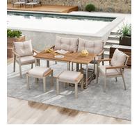 COVREO salon de jardin repas 6 à 7 places en bois d'acacia avec desserte amovible à roulettes, beige et naturel