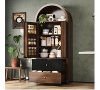 COVREO Vitrine buffet haut 80x40x180 cm avec 2 portes, 2 tiroirs et niche ouverte, MDF noir et aspect noyer