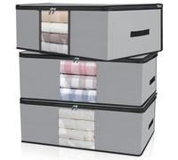 Cozary 3 Pièces 60L Rangement Vetement, Sac De Rangement Sous Lit Pliable avec Fenêtre Transparente et Poignée Renforcée, Organisateur Vêtements de Placard pour Couettes, Draps, Vestes, Jouets, Gris