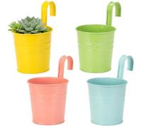 Cozary 4 Pcs Pot de Fleurs Suspendu Métal, Pot de Fleur Métal Coloré avec Crochet Amovible, Pot de Fleur Exterieur avec Trou de Drainage, pour Balcon Clôture Jardin Maison Décor, 4 Couleurs