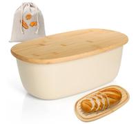 Cozary Boîte à Pain avec Couvercle en Bambou, 6L Grande Panière de Rangement pour Baguette, avec Sac à Pain en Lin, 37x22.5x14cm, Fond Antidérapant, pour Une Longue Fraîcheur(Blanc)