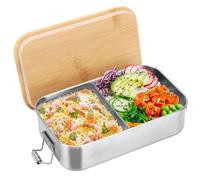 Cozary Boîte Repas Inox avec Couvercle en Bois, Lunch Box en Acier Inoxydable Étanche, Anti Fuite, Sans BPA, Boîte à Bento Compartiments Modulables pour Bureau, École ou Pique-nique