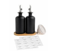 Cozary Bouteille à Huile d‘Olive, Lot de 2 en Verre Borosilicate Alimentaire - 500ml Noir, Bec Verseur Lesté Autobloquant, Plateau Bambou (Set Complet)