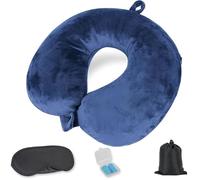 Cozary Coussin de Voyage Gonflable, Oreiller de Voyage Compact avec Masque et Bouchons d'oreilles, Coussin Avion Gonflable Ultra Léger - pour Avion, Train, Bureau - Bleu Foncé