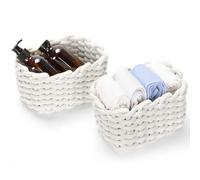 Cozary Lot de 2 Paniers de Rangement en Coton Tissé, Corbeille Carrée Blanche pour Salle de Bain, Étagère, Bureau ou Chevet, Organisateur Décoratif pour Cosmétiques et Jouets, 20x14x12.5cm