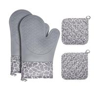 Cozary Lot de 4 Gants de Cuisine, 1 Paire Gants de Cuisine avec 2 Maniques Cuisine, Antidérapants Silicone Gant Cuisine Anti Chaleur pour BBQ, Cuisson au Four, Cheminée - Gris