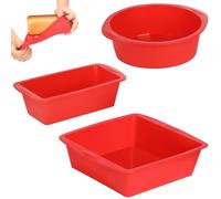 Cozary Moule à Gâteau en Silicone, Lot de 3 Pièces - Moules à Patisserie Alimentaires Antiadhésifs pour Four, Micro-ondes et Lave-vaisselle, Rond, Rectangulaire & Carré, Rouge