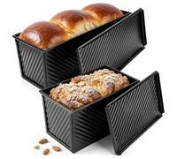 Cozary Moule Pain de Mie avec Couvercle 2 Pièces, 32 cm & 21 cm, Moule à Pain en Acier Carbone avec Revêtement Antiadhésif, Design à Bords Ondulés & Fond Aéré - inclut 3 Spatules - Noir